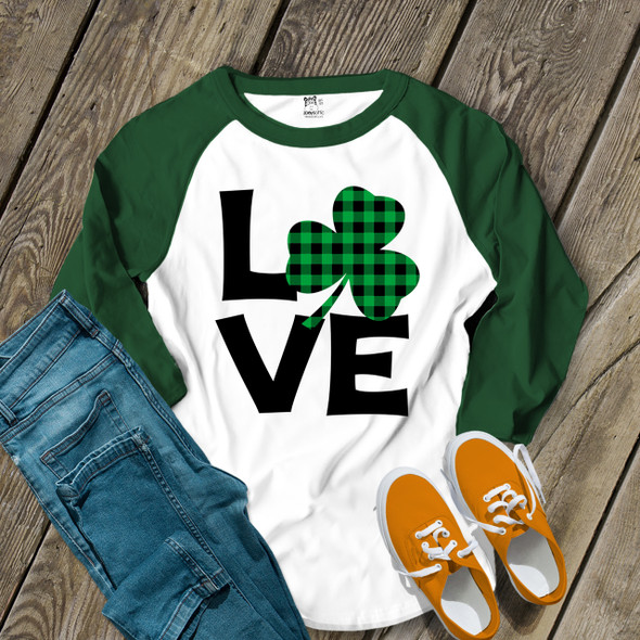 St. Patrick's Day love green buffalo plaid shamrock adult raglan shirt