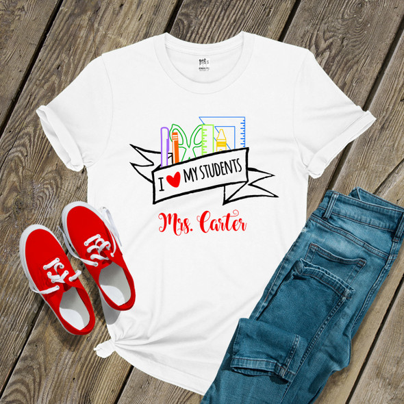 Teacher heart my students school supplies Tshirt 