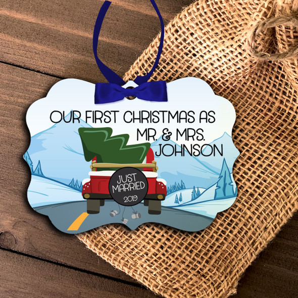 Mr & Mrs First Christmas mountains holiday ornament