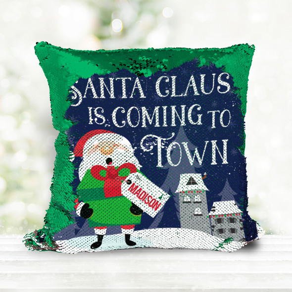 Santa Claus is coming to town holiday personalized decorative sequin pillowcase pillow