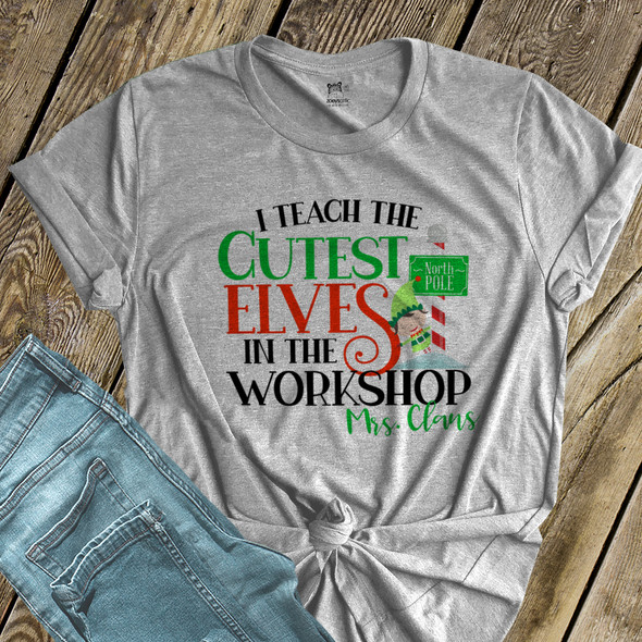 Christmas teacher cutest elves in the workshop personalized shirt