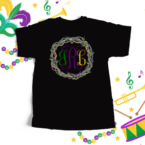 Mardi Gras monogram bead wreath unisex crew neck or v-neck DARK shirt