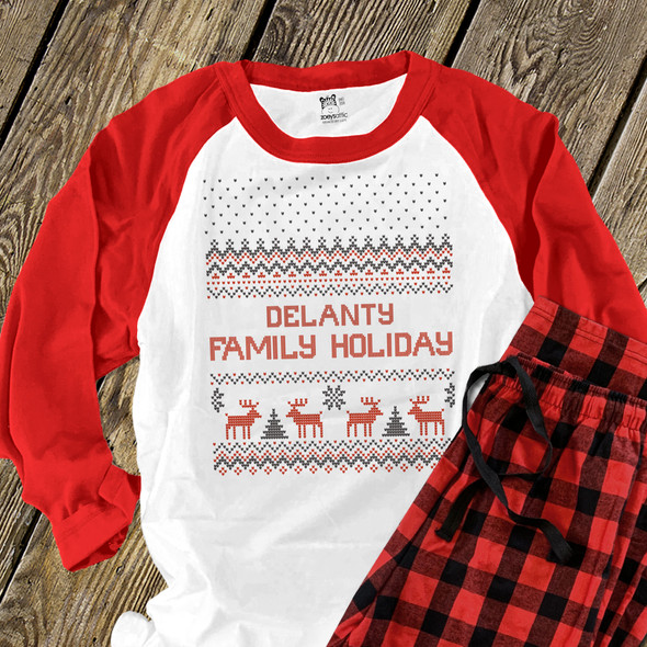 Family holiday faux cross stitch reindeer raglan shirt with pants option