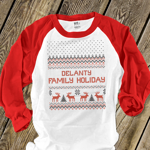 Family holiday faux cross stitch reindeer raglan shirt with pants option