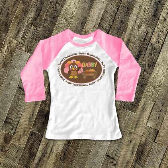 Thanksgiving girl turkey and pumpkin personalized raglan shirt