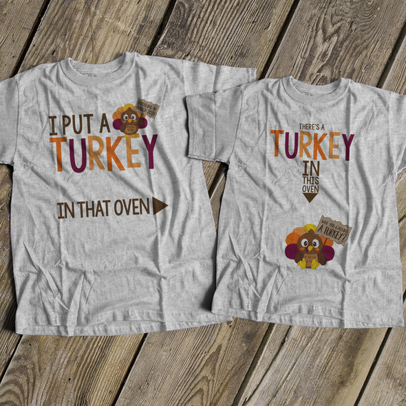 Thanksgiving turkey in oven pregnancy announcement unisex adult Tshirt set