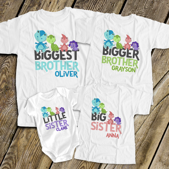 Personalized brother or sister dinosaur matching set of four sibling Tshirts