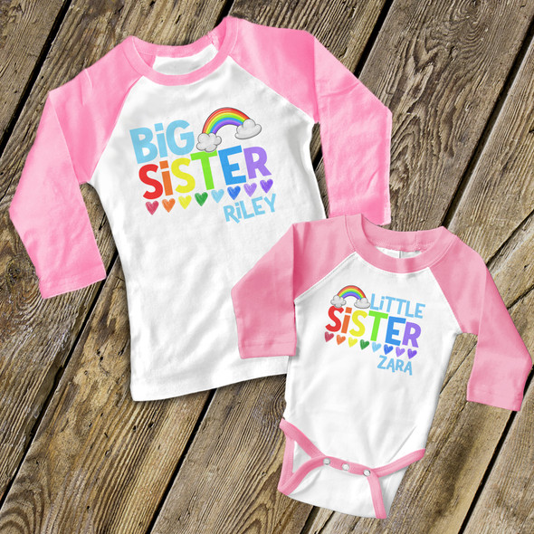 Big sister little sister colorful rainbow and hearts sibling raglan shirt and bodysuit set 