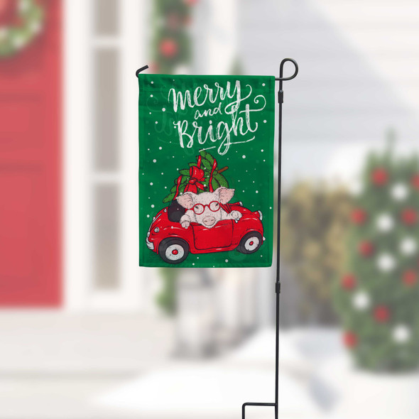 Christmas pig merry and bright garden flag with stand option