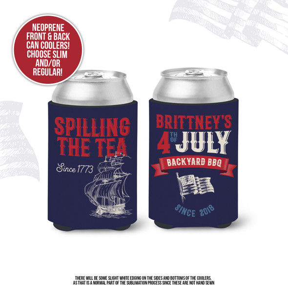 4th of July backyard BBQ spilling the tea personalized slim or regular size can coolie