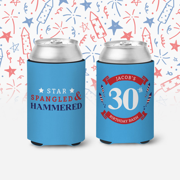  30 birthday party star spangled & hammered birthday bash personalized slim or regular size can coolie