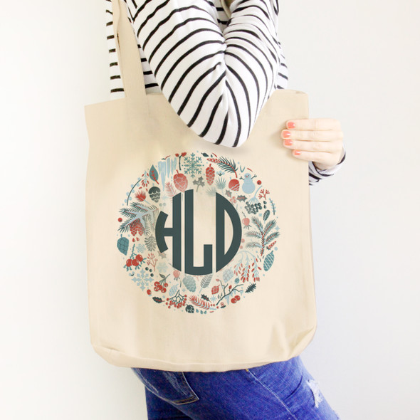 Monogram winter greenery wreath snowman tote bag