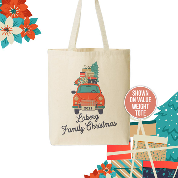 Family Christmas vintage red car christmas gifts personalized tote bag