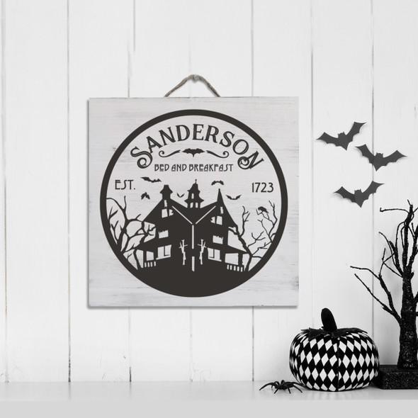 Sanderson bed and breakfast funny halloween white wash or gray wash wood sign