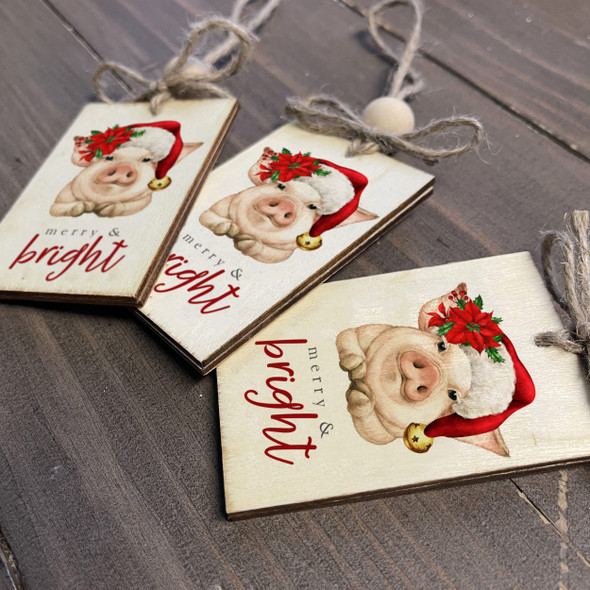 Santa pig merry & bright funny non-personalized wood ornament