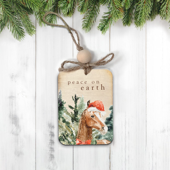 Santa horse snowy peace on earth rustic non-personalized wood ornament