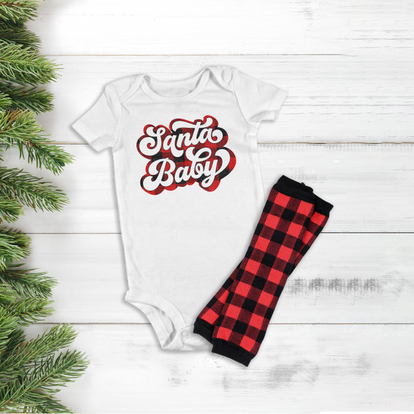 Christmas santa baby bodysuit or tshirt with red and black buffalo plaid leg warmer option