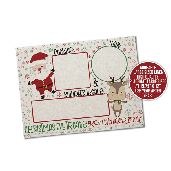 Christmas Eve santa cookies milk reindeer treats placemat with personalization option