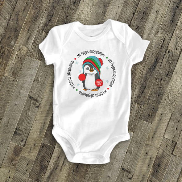 Baby's my first christmas penguin boy or girl personalized bodysuit