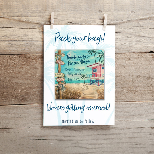Wedding save the date beach destination lightweight square wood magnet with card option