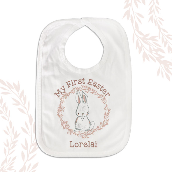 My First Easter girl bunny soft pink leafy wreath personalized baby bib
