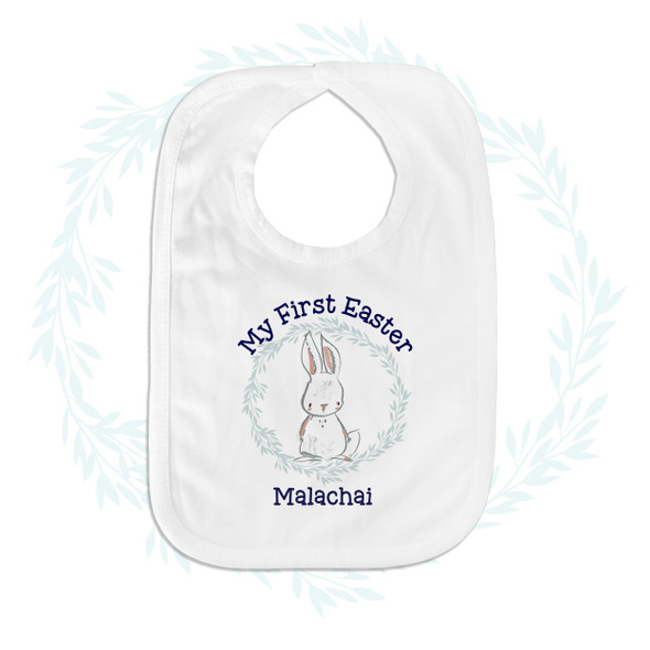 My First Easter boy bunny soft blue leafy wreath personalized baby bib