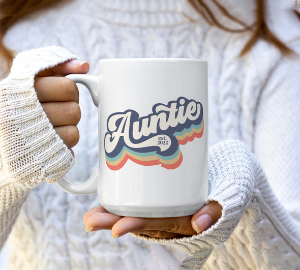 Auntie established year rainbow text tea coffee mug