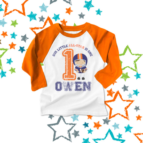 All-star football birthday boy first birthday or any age raglan shirt