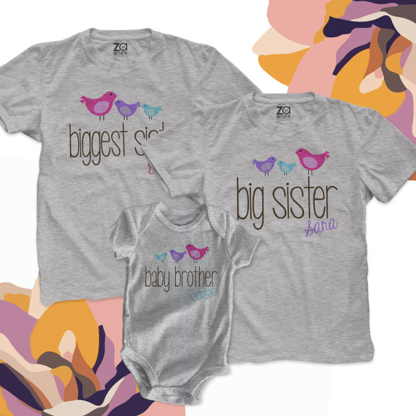Matching sibling original birdie pecking order brother or sister three shirt set