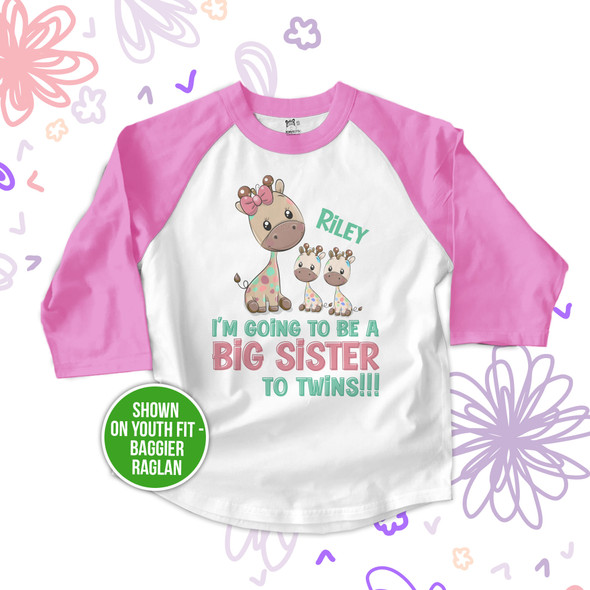 Big sister to be twins funky giraffe pregnancy announcement raglan shirt