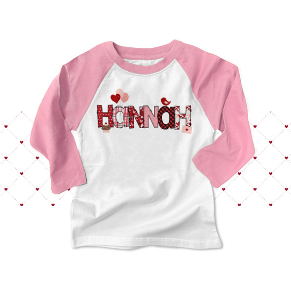 Valentine girl red and pink pattern name personalized raglan shirt