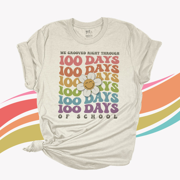 Teacher 100 days groovy retro wavy font daisy smiley face team Tshirt