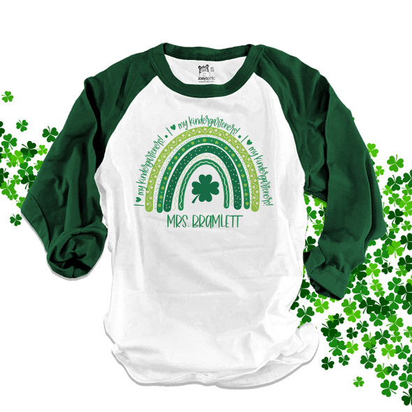 St. Patrick's Day teacher green rainbow Irish clover any grade raglan shirt