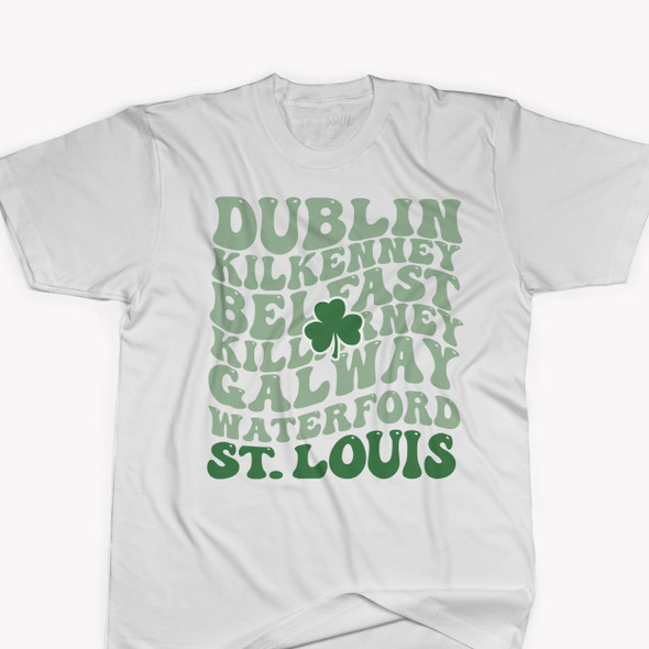 St. Patrick's Day Dublin Belfast Galway St. Louis or any city retro wavy text unisex adult Tshirt