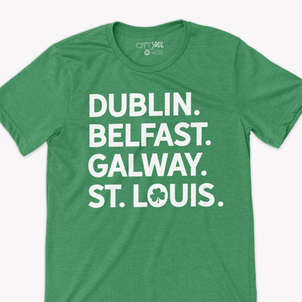 St. Patrick's Day Dublin Belfast Galway St. Louis Irish cities shamrock glitter option unisex adult Tshirt