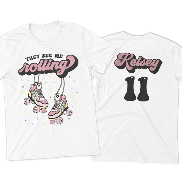 Roller skating girl birthday party front and back print personalized Tshirt