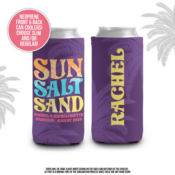 Bachelorette or bachelor beach party sun salt sand personalized can coolies