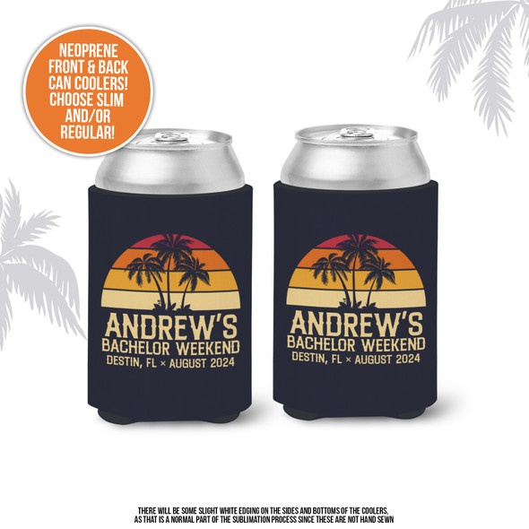 Bachelor or bachelorette party tropical beach palm trees personalized can coolies