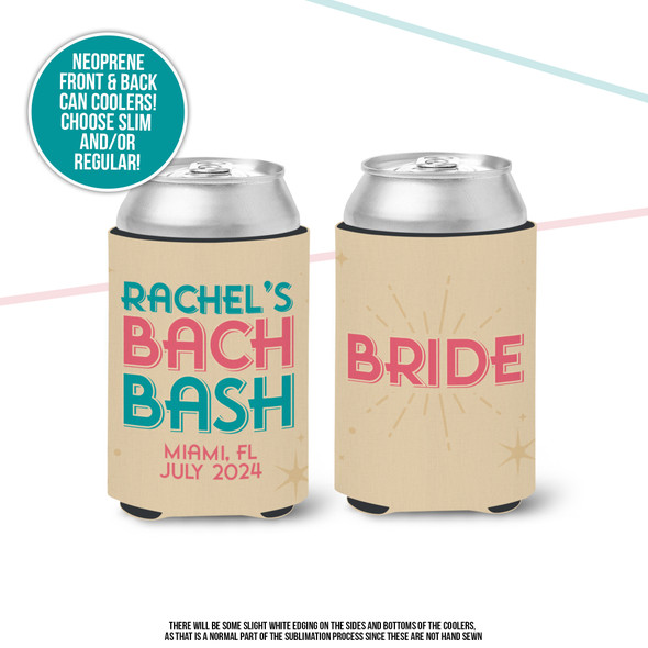 Bachelorette party retro bach bash personalized slim or regular size can coolie