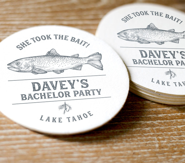 Bachelor party she took the bait personalized round pulpboard coasters