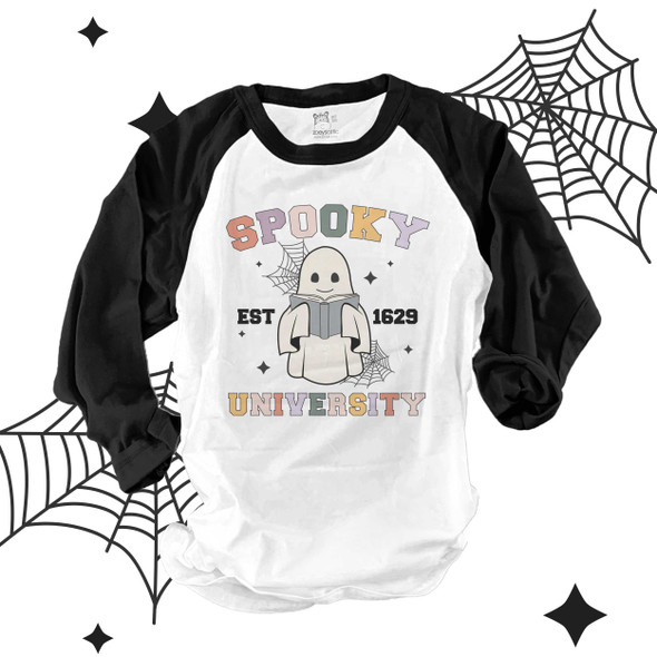 Halloween teacher spooky university unisex adult raglan shirt