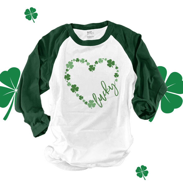 St. Patrick's Day lucky shamrock heart unisex adult raglan shirt