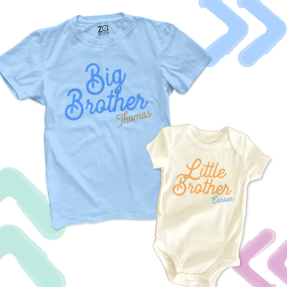 Brother or sister colorful watercolor cursive matching sibling shirt set