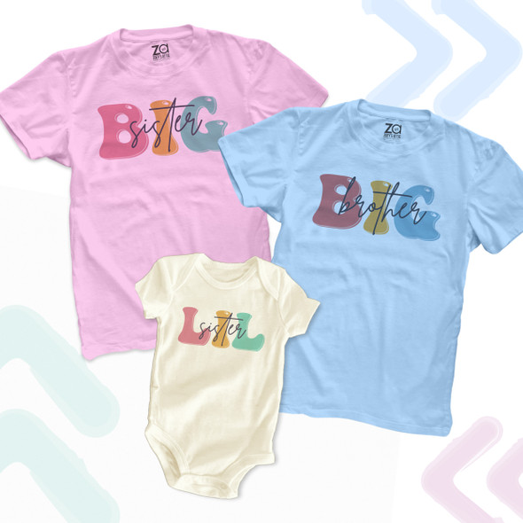 Brother or sister groovy font big lil three sibling Tshirt set