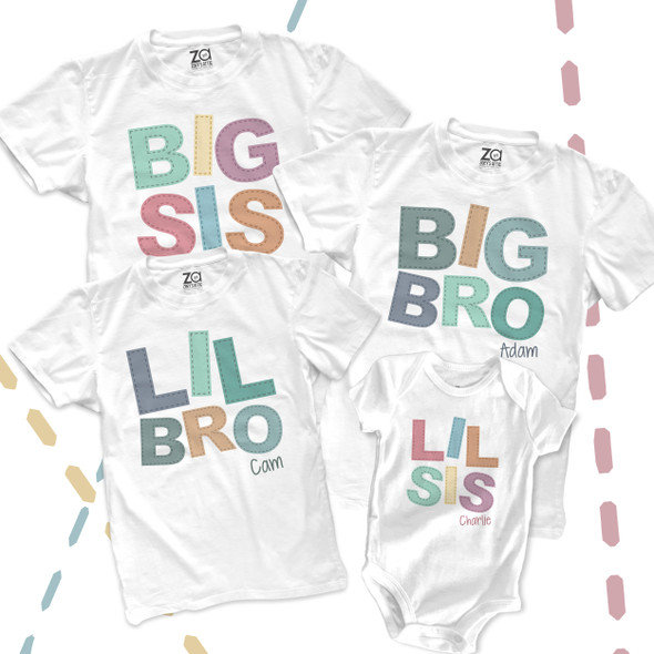 Brother or sister big lil bro or sis stitch font four sibling Tshirt set