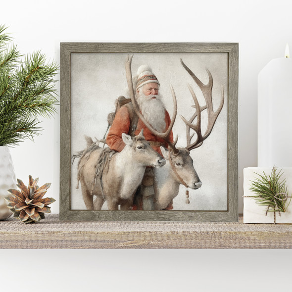 Vintage santa with reindeer wood framed canvas wall art print sign