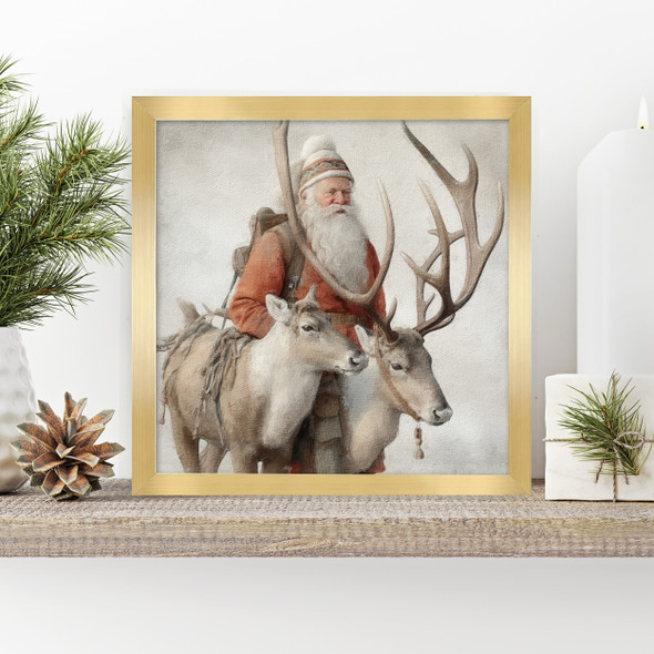 Vintage santa with reindeer wood framed canvas wall art print sign