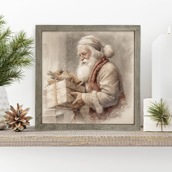 vintage canvas print, old style santa and reindeer canvas wall art