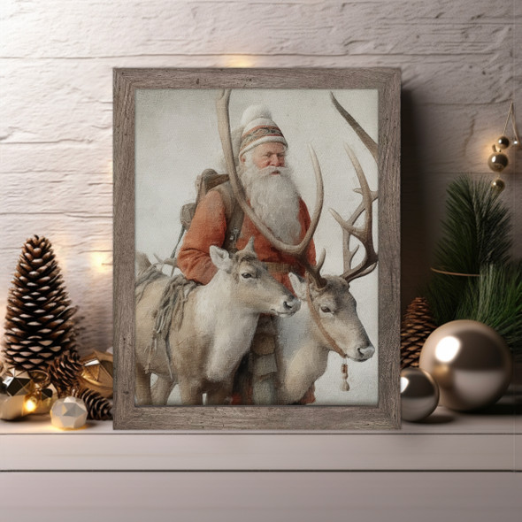 Vintage santa with reindeer canvas wall art print sign with wood frame option 11" x14"