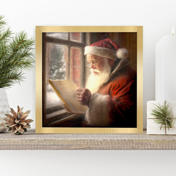Vintage Santa checking his list wood framed canvas wall art print sign